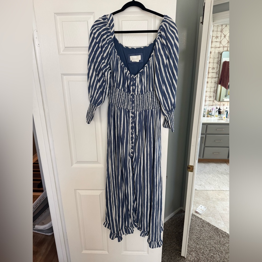 Anthropologie Blue and White Striped Women’s Maxi Dress with ruffle detail